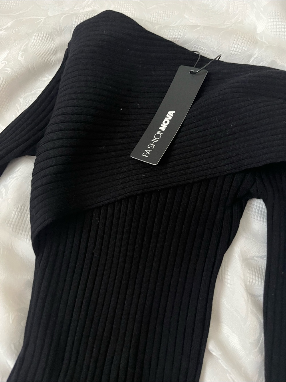 Fashion Nova Black Ribbed Off-Shoulder Sweater Top